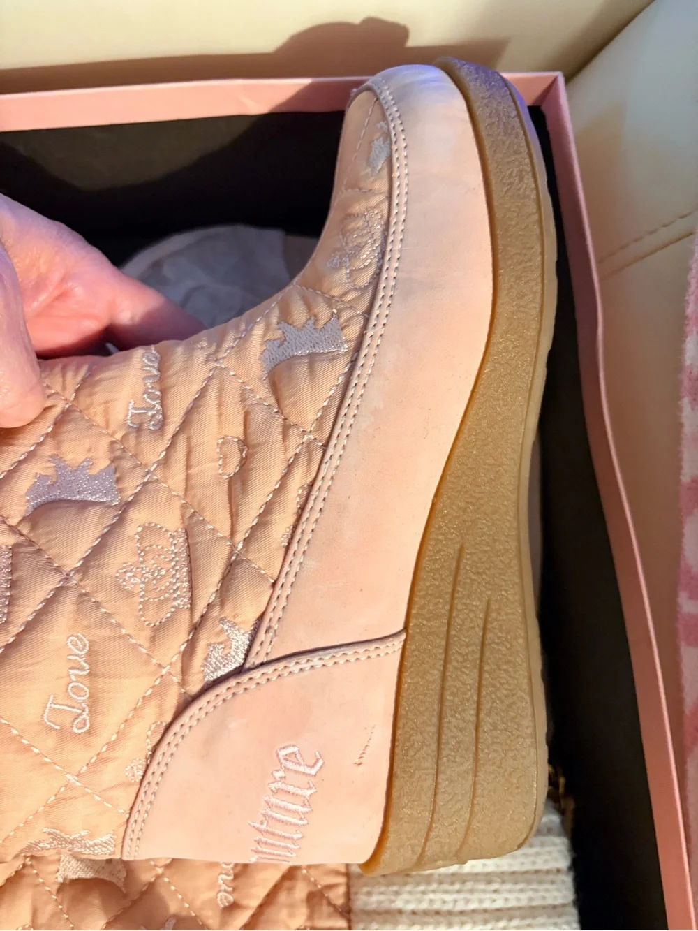 Juicy Couture Pink Quilted Wedge Boots with Cream Knit Cuff